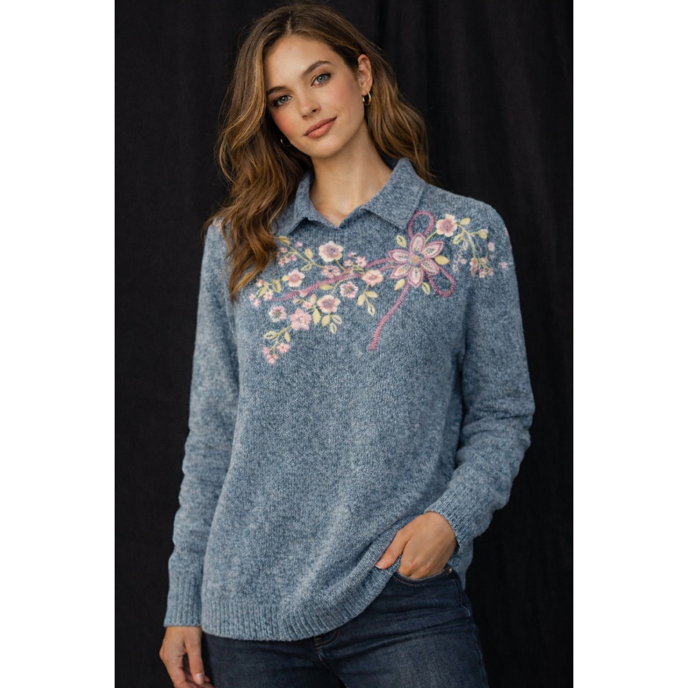 Alfred Dunner Floral‎ Embroidered Sweater XL Blue Vintage Cottagecore Collared